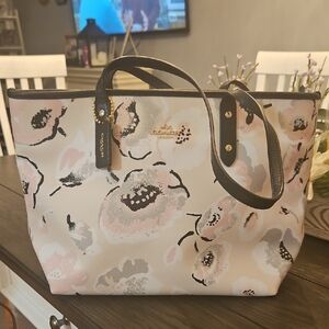 Coach Floral Tote Bag - Cream,pink, gray, and black 11x6